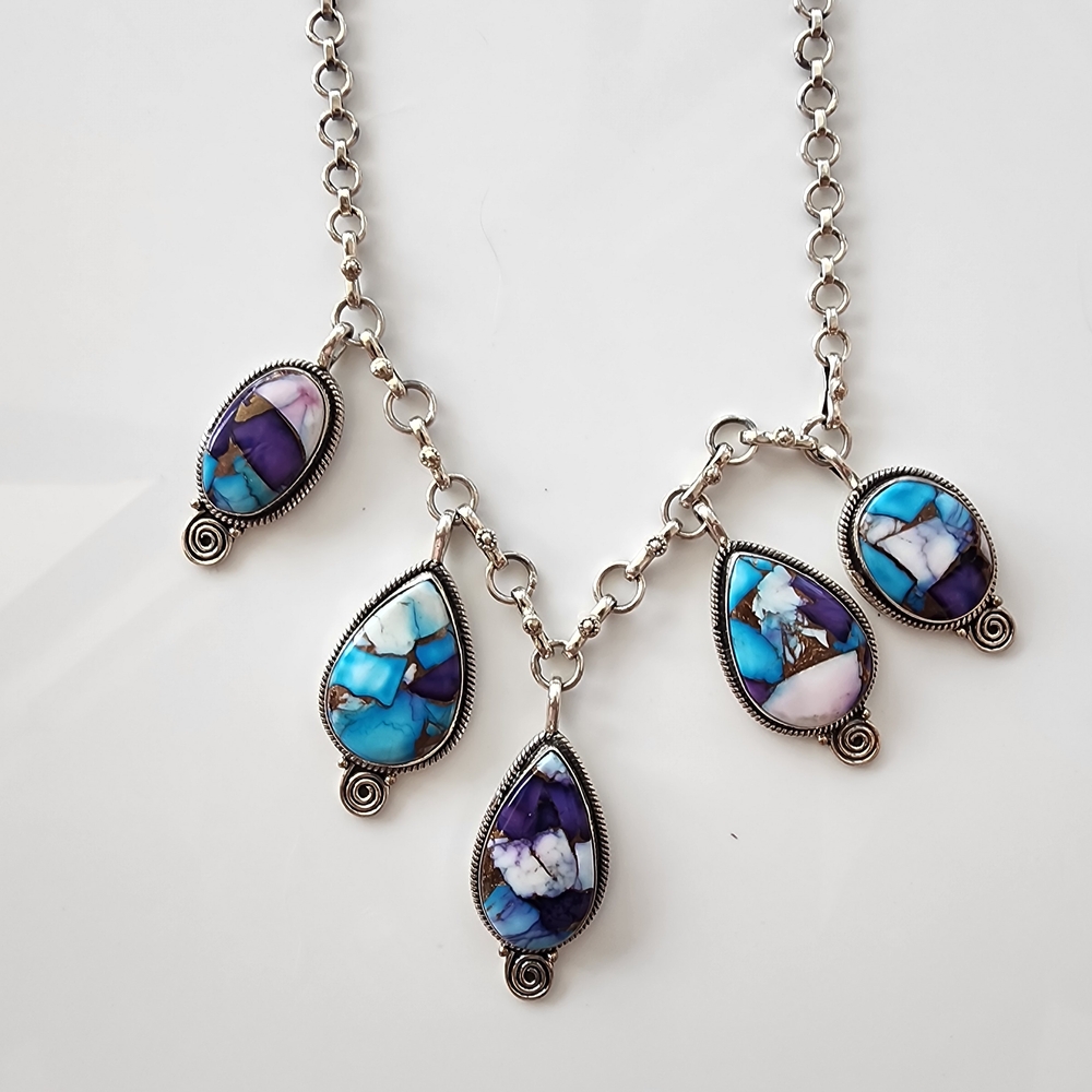 Sterling Silver Dahlia Necklace with Turquoise and Purple Accents